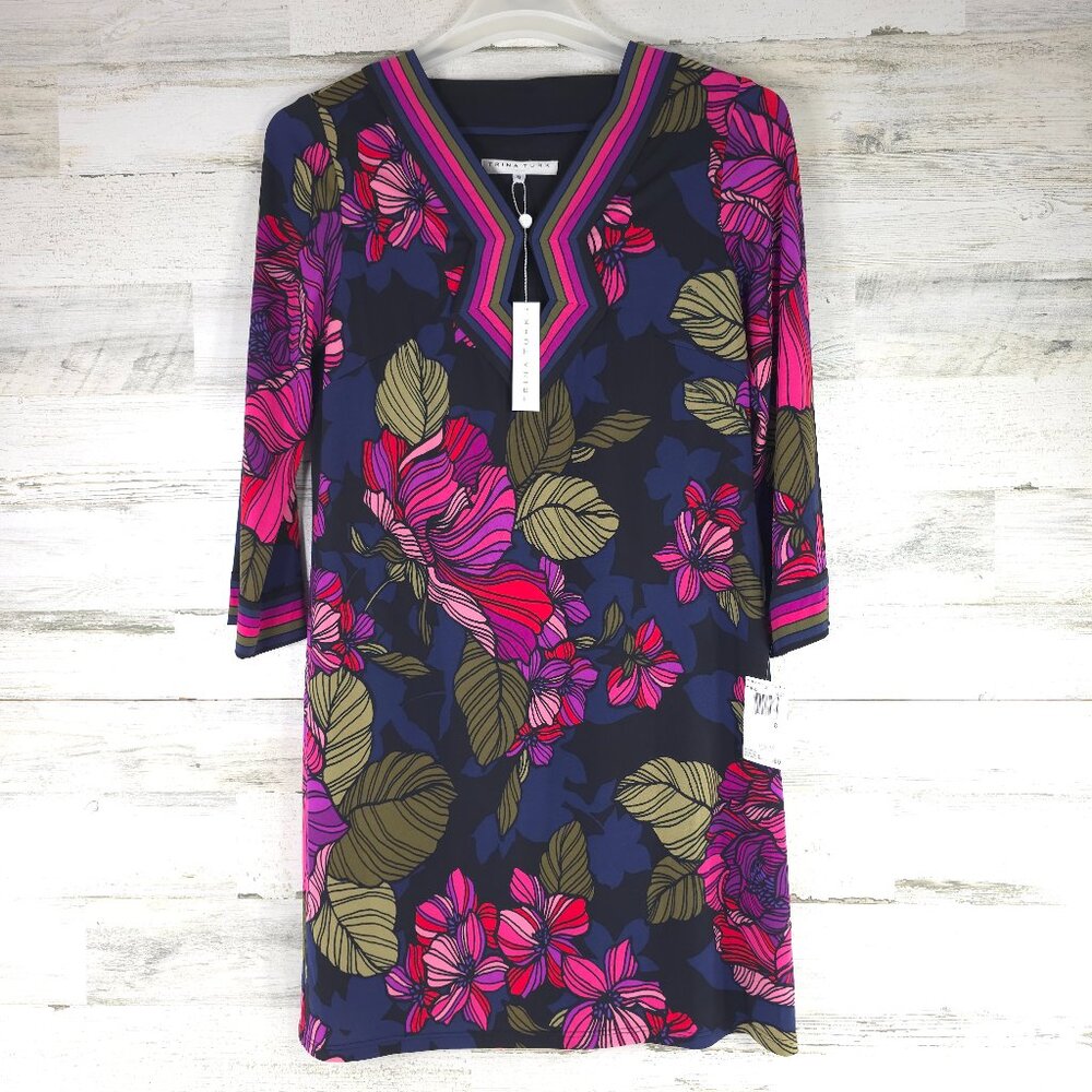 TRINA TURK KAYLAN FLORAL SHIFT DRESS WOMEN'S SIZE 8 BLACK PINK LINED